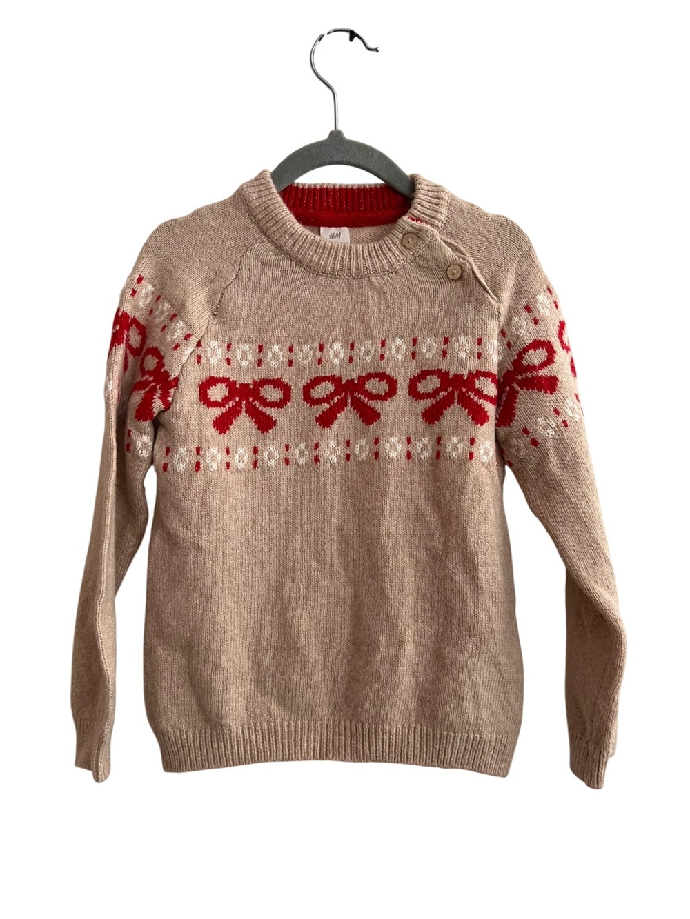 NEW H&M Beige Crewneck Sweater with Red Bow Fair Isle